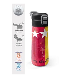 CORAL HIGH 31792 SARI KIRMIZI TARAFTAR DESENLİ PİPETLİ VE DİREKT İÇİM ÇELİK TERMOS 500ML