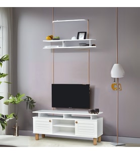 Helena Tv Sehpası Beyaz 2 Kapaklı Açık Raflı Mebran Detaylı 140x36x60 Cm