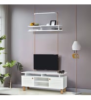 Helena Tv Sehpası Beyaz 2 Kapaklı Açık Raflı Mebran Detaylı 140x36x60 Cm