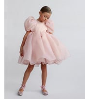 Balon Kollu Organze Tasarım Abiye - Kristal Tüllü Organze Abiye - Kız Çocuk Elbise - Çocuk Abiye (Pembe)