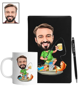 Kişiye Özel Balıkçı Tasarımlı Karikatür Siyah Defter Kalem Kupa Seti 39