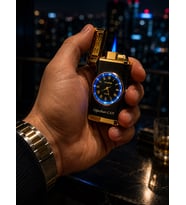 Kişiye Özel Saatli Gazlı Çakmak Gold / Füme – LED Işıklı / Jet Alevli - Dolu Gönderim - Premium Hed