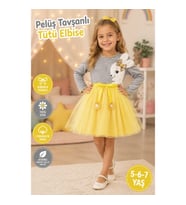 Kız Çocuk Pelüş Tavşan Desenli Tütü Elbise – Kurdela Kuşaklı ve Astarlı 5-6-7 Yaş