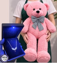 Büyük Boy Pembe Peluş Ayıcık ve Işıklı Kutusunda 925 Ayar Gümüş Kolye (Model 4)