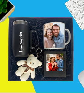 Kişiye Özel Premium Kutu Kulplu Termos Bardak Fotoğraflı Kupa Bardak Peluş Ayıcık Anahtarlık Masaüstü Siyah Çerçeve