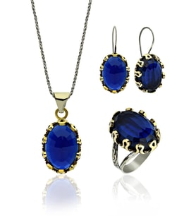 Safir Taşlı Otantik Gümüş Kadın Set