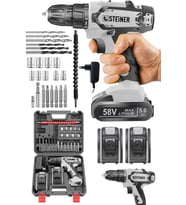 Steiner Germany Technology Kupfer Darbeli 58 V 5 Ah Çift Akülü Vidalama Matkap Gri + 24 Parça Set