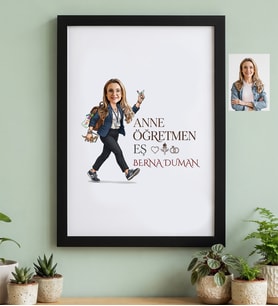 Kişiye Özel Karikatürlü Anne Öğretmen Eş Siyah Çerçeve Anneler Günü Hediyesi