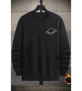 Unisex Saturn Baskılı Bisiklet Yaka Sweatshirt (Siyah)