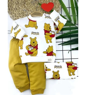 Northcity Pooh Baskılı Yaka Çıtçıtlı Bebek Sweat Takımı 9-12-18-24 Ay Kışlık 2li Kız Erkek - Pahalı Kumaşlı, Rahat ve Şık