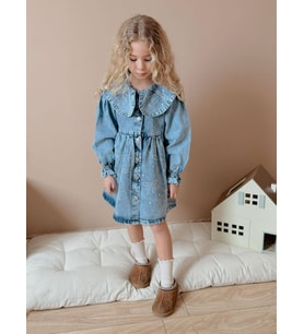 Cg Kids Fiyonk Taşlı İşlemeli Jean Kot Denim Elbise Kız Çocuk Süper Kalite (DENIM)