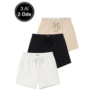 Kadın 3'lü Paket Bej-Siyah-Beyaz Rahat Kesim Yumuşak Kumaş Beli Lastikli Yazlık Cepli Mini Şort
