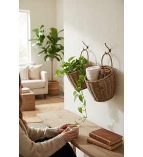 2’Li Rattan Banyo & Mutfak Dekoratif Sepet / Çiçeklik / Anahtarlık / Havluluk – Dekoratif Bohem