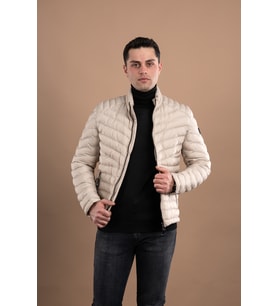 SLİMFİT DİK YAKA FERMUARLI ERKEK PUFFER MONT (Krem)