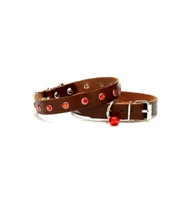 Cattie Gerçek Deriden El Yapımı Taşlı Kedi Boyun Tasması 1x21-25cm - Brown