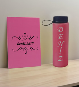 BK Gift Kişiye Özel İsimli Pembe Defter ve Fuşya Cam Matara Hediye Seti-7, Sevgiliye Hediye, Arkadaşa Hediye, Yeni İş Hediyesi
