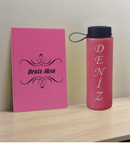 BK Gift Kişiye Özel İsimli Pembe Defter ve Fuşya Cam Matara Hediye Seti-7, Sevgiliye Hediye, Arkadaşa Hediye, Yeni İş Hediyesi