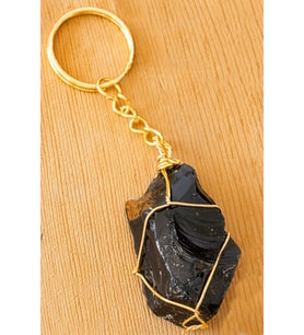 Sertifikalı Gold Siyah Obsidyen Taşı Anahtarlık - Tel Sargılı