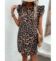 Kadın Kısa Kollu Kolları Fırfır Detay Arkası Bağlamalı Leopar Desen Kolsuz Mini Mikro Elbise (KAHVE)