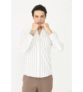 Bej Çizgili Uzun Kollu Gömlek Slim Fit