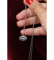 Nazar Boncuklu  Oval Model Mavi Göz Zirkon Taşlı 925 Ayar Gümüş Kolye (Silver)