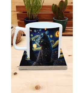 Kediler ve Sanat/Van Gogh Yıldızlı Gece The Starry Night Set 10 - Yelken Fincan Kupa-Taş Bardak Altlığı 8