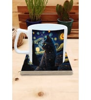 Kediler ve Sanat/Van Gogh Yıldızlı Gece The Starry Night Set 10 - Yelken Fincan Kupa-Taş Bardak Altlığı 8