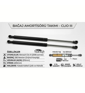 Renault Clio 3 Bagaj Amortisörü Takımı (2 Adet) - 2006-2012 Arası Tüm Modeller - 385 Newton