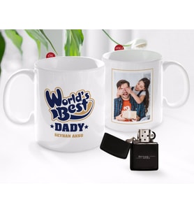 BK Gift Kişiye Özel Babalar Günü Hediyesi Fotoğraflı Kupa Bardak ve Benzinli Çakmak Seti-41 (Model 1)