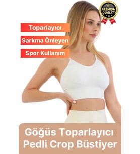 Göğüs Toparlayıcı Sarkma Önleyen Gündelik Spor Kullanım İnce İp Askılı Pedli Çizgili Crop Büstiyer (Beyaz)