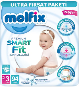 Molfix Premium Smart Fit Bebek Bezi 3 Beden 4-9 KG Midi 94 Adet Ultra Fırsat Pk