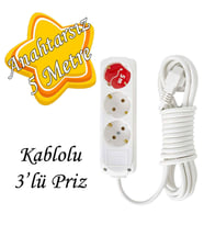 Anahtarsız Kablolu 3 Lü Topraklı Çoklu Grup Priz Çoğaltma Üçlü Fiş Piriz 5 Metre (Beyaz)