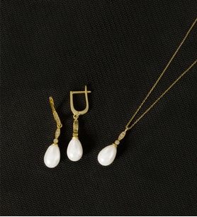 925 Ayar Gümüş Elegance Damla İnci Set (Altın)