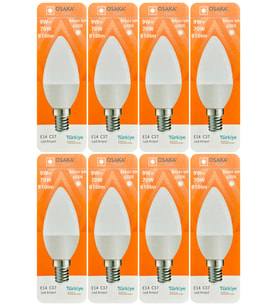 (8 Adet) Osaka 9W (70W) Beyaz Işık (6500K) E14 Duylu (İnce Duy) Led Mum Ampul