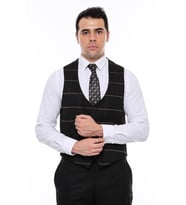 Ekoseli Siyah V Yakalı Yelek - Wessi