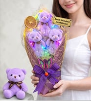 Kişiye Özel LED Işıklı Büyük Boy Mor Ayıcık Buketi & Peluş Anahtarlık Seti