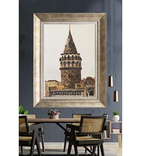 Tablore Taş Mozaik Dokulu Galata Kulesi Çerçeveli Kanvas Tablo Modern İstanbul Duvar Dekoru