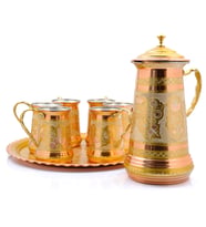 Kapaklı Bakır Sürahi ve Tepsili Fincan Takımı (Gold)