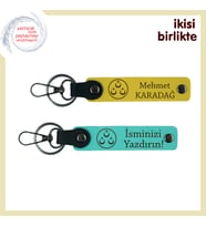 Aşkın ve Sadakatin Simgesi – Sevgiliye Üç Ayyıldız Temalı Deri Anahtarlık Takımı, Sarı-Turkuaz