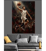 Havada Basketbol Atışı Yapan Oyuncu Dekoratif Kanvas - Mdf Ahşap Tablo