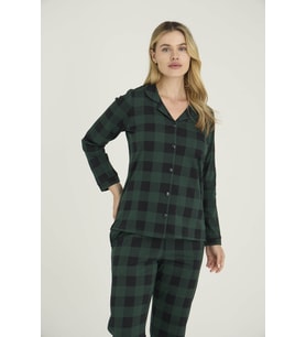 %100 Pamuk Kadın Apaj Yaka Boydan Düğmeli Pijama Takımı (Yeşil)
