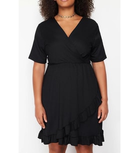 Moda Slim Casual Günlük Bürümcük Örme Kruvaze Kısa Kol Anvelop Mini Boy Büyük Beden Elbise (Siyah)