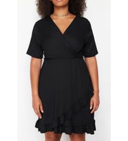 Moda Slim Casual Günlük Bürümcük Örme Kruvaze Kısa Kol Anvelop Mini Boy Büyük Beden Elbise (Siyah)