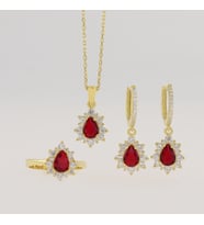 925 Ayar Gümüş Damla Kırmızı Taşlı Gold Anturaj Set
