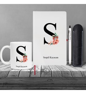 Kişiye Özel Anneler Günü Uv Baskılı Harfli Beyaz Defter ( Kırmızı Kenar ) & Beyaz Tükenmez Kalem ve Kupa