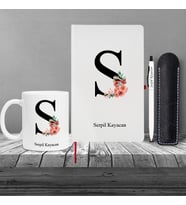 Kişiye Özel Anneler Günü Uv Baskılı Harfli Beyaz Defter ( Kırmızı Kenar ) & Beyaz Tükenmez Kalem ve Kupa