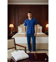 Yeni Sezon Büyük Beden V.Yaka Lüx Tasarım Pijama Takımı (Mavi)