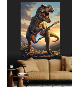 Gitar Çalan Komik Dinozor T-Rex Dekoratif Kanvas - Mdf Ahşap Tablo