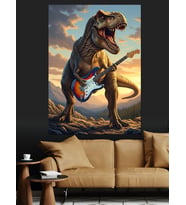 Gitar Çalan Komik Dinozor T-Rex Dekoratif Kanvas - Mdf Ahşap Tablo
