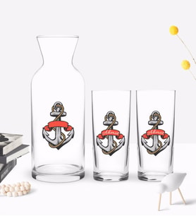 BK Gift Kişiye Özel Renkli Baskılı Çapa Tasarımlı İkili Rakı Bardağı ve Karaf Hediye Seti-3 (Model 1)
